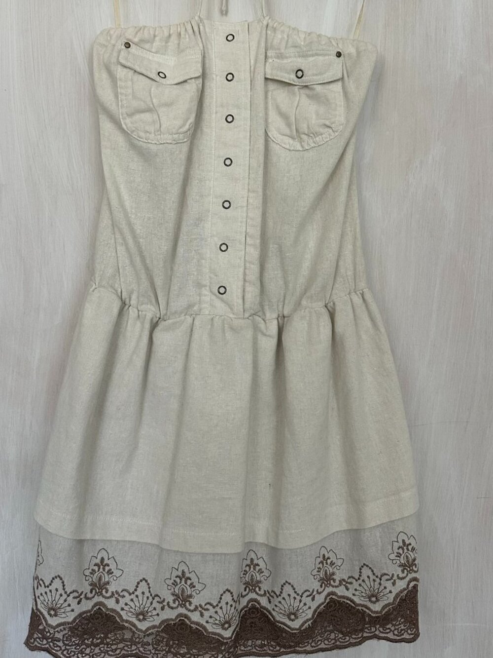 Deco White & Brown Strapless Dress, Size Small
